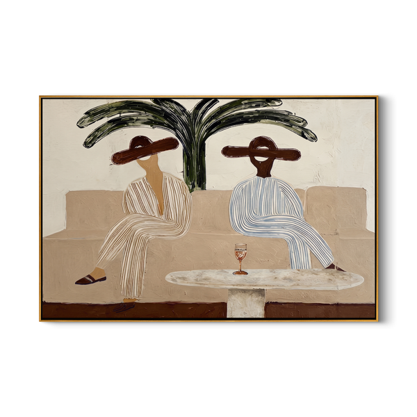 Afternoon Beneath Palm Shadows – Palm Lounge Figures Painting | Modern Coastal Horizontal Wall Art
