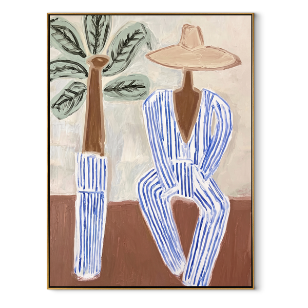 Blue Stripes by Palms – Striped Beach Hat Figure Painting | Modern Coastal Vertical Wall Art