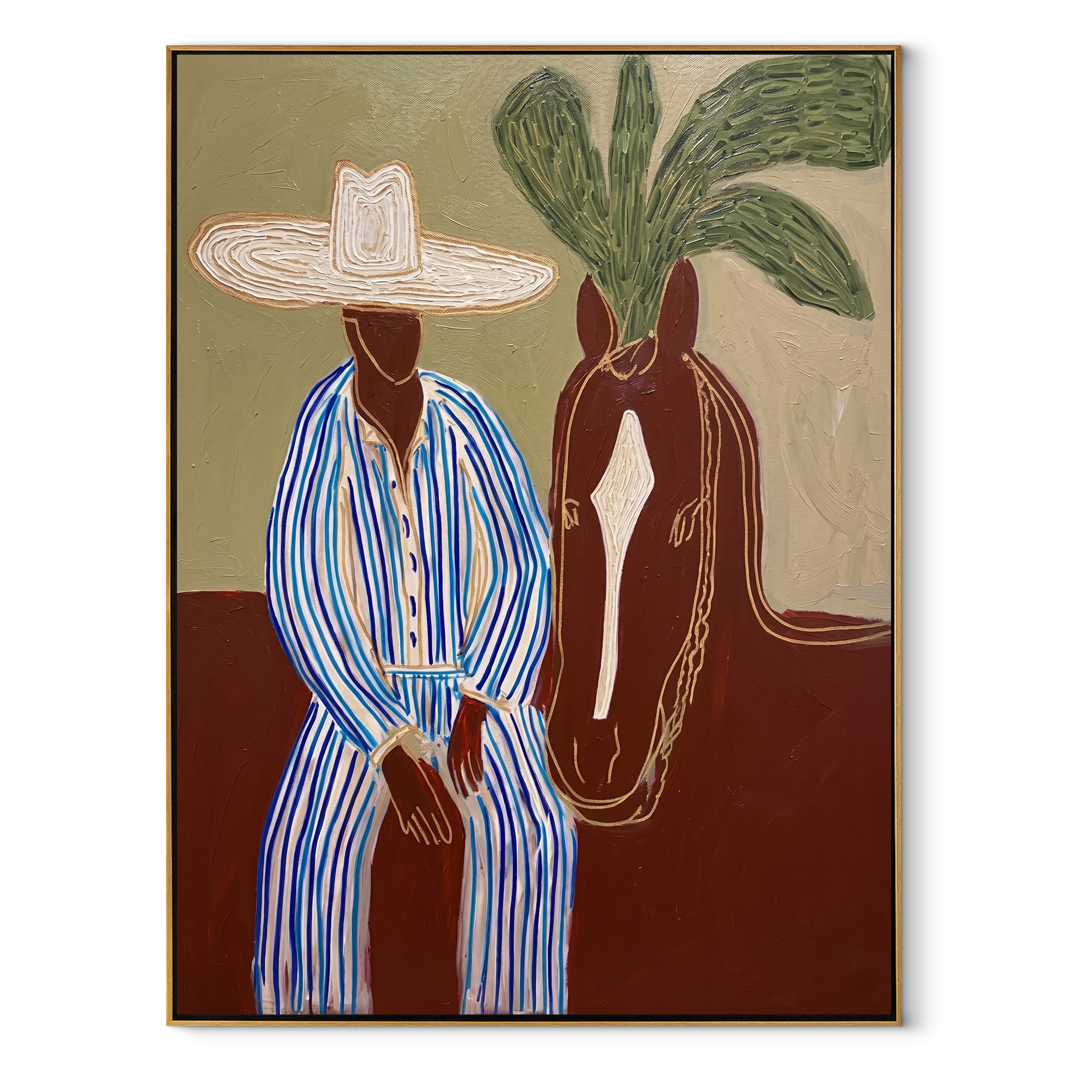 Sage Horizon Holds Rider coastal figurative textured painting, vertical canvas artwork