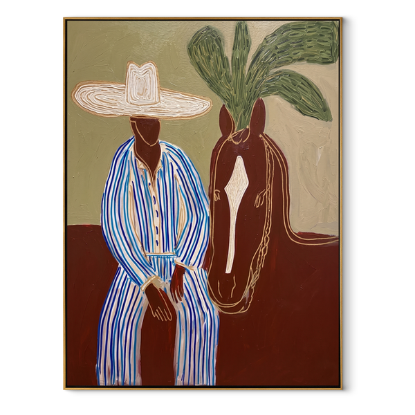 Sage Horizon Holds Rider – Striped Rider and Horse Painting | Modern Coastal Vertical Wall Art