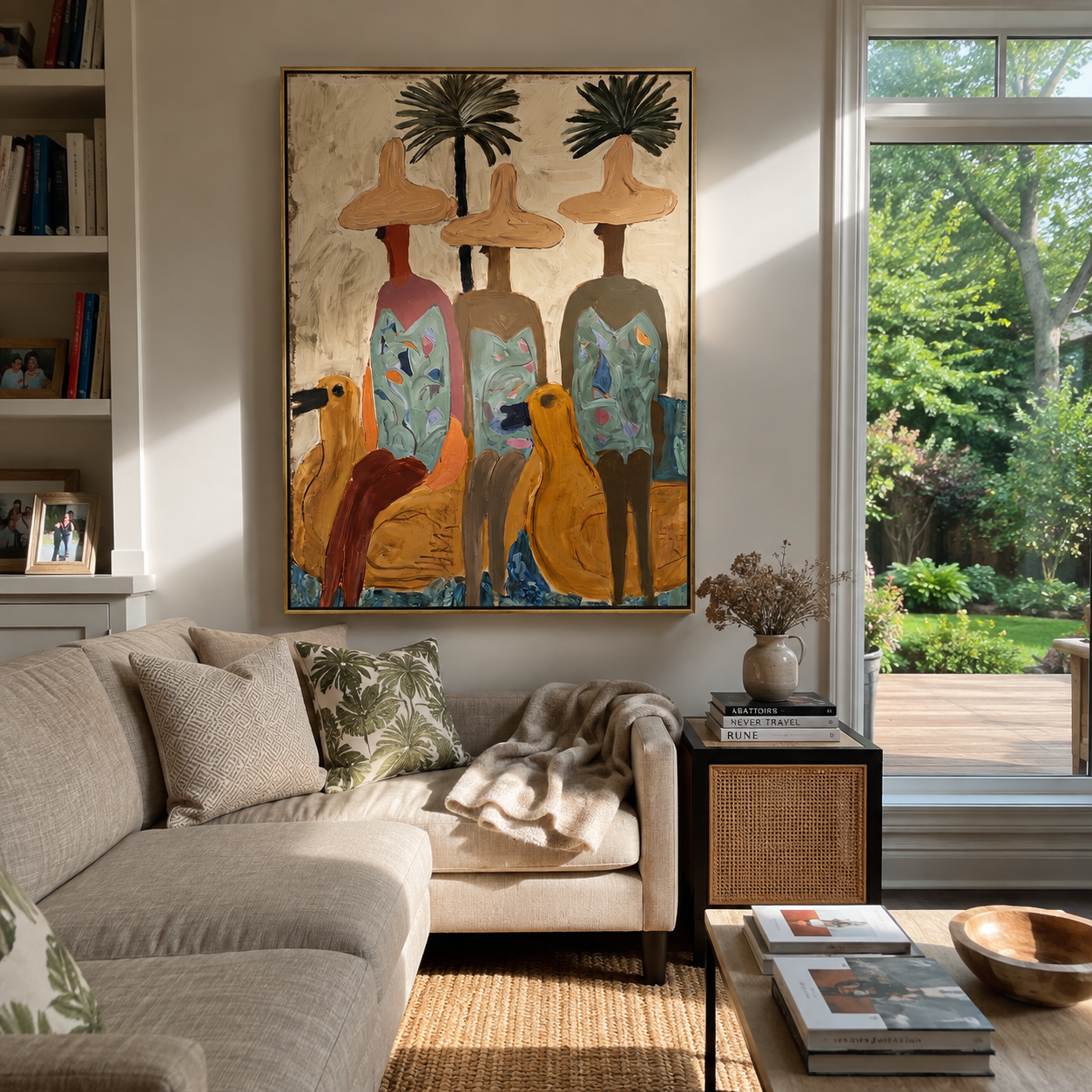 Three Brims Under Palms presented above a contemporary console