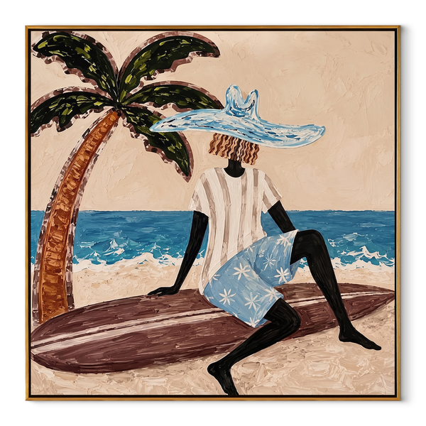 Blue Brim by Tide – Seated Beach Woman and Surfboard Painting | Modern Coastal Square Wall Art