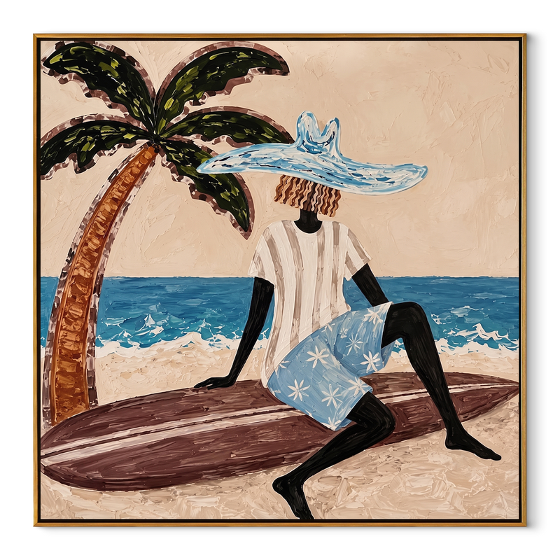 Blue Brim by Tide – Seated Beach Woman and Surfboard Painting | Modern Coastal Square Wall Art