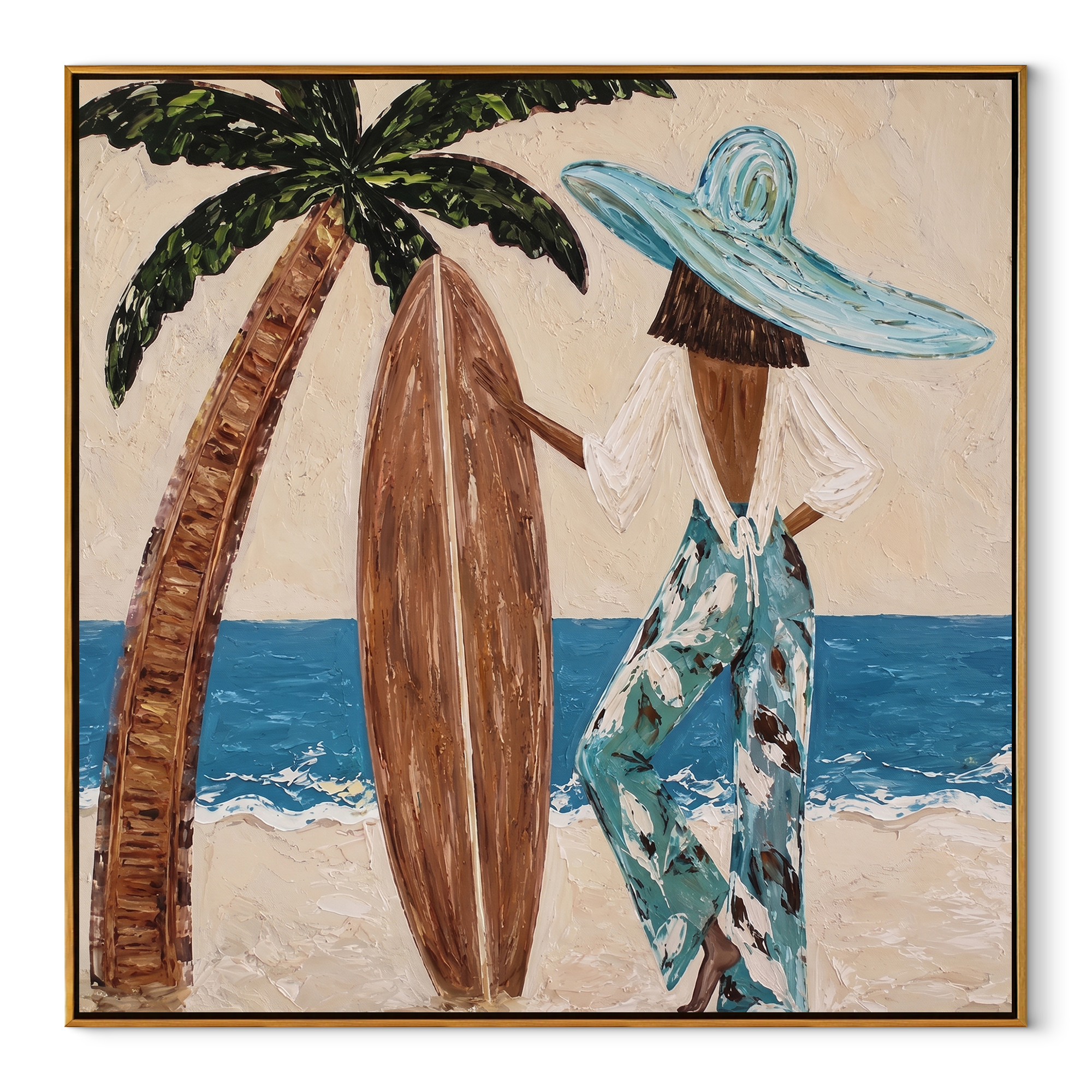 Palm Shade Holds Board coastal figurative textured painting, square canvas artwork