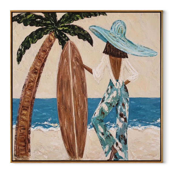 Palm Shade Holds Board – Beach Woman with Surfboard Painting | Modern Coastal Square Wall Art
