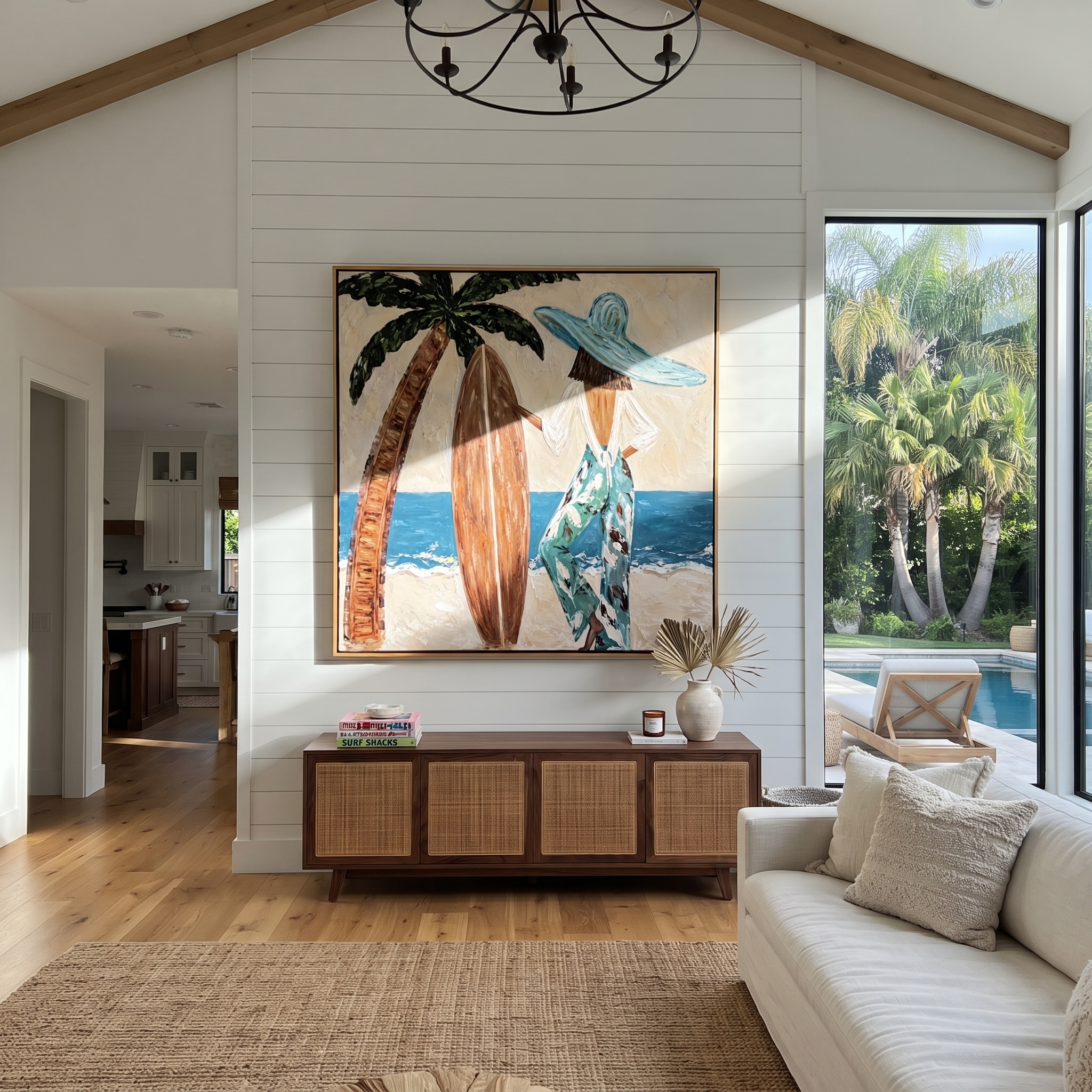 Palm Shade Holds Board styled with neutral modern furnishings