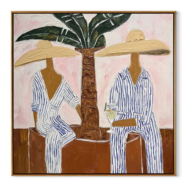 Striped Hours Beneath Palms – Two Beach Figures under Palm Painting | Modern Coastal Square Wall Art