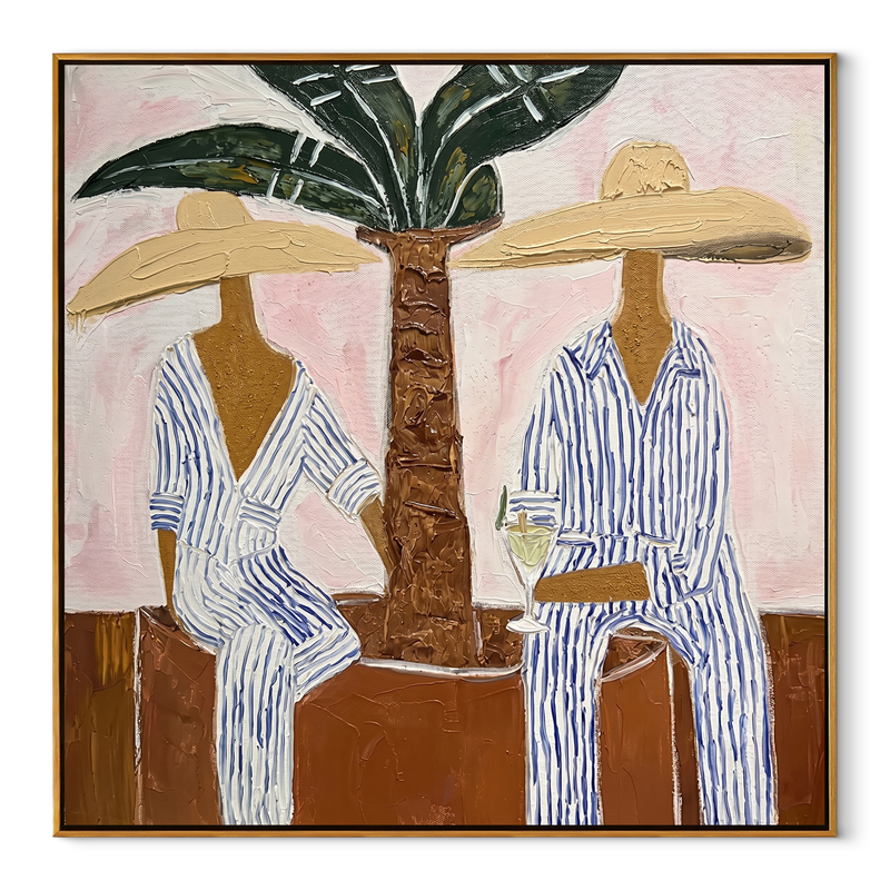 Striped Hours Beneath Palms – Two Beach Figures under Palm Painting | Modern Coastal Square Wall Art