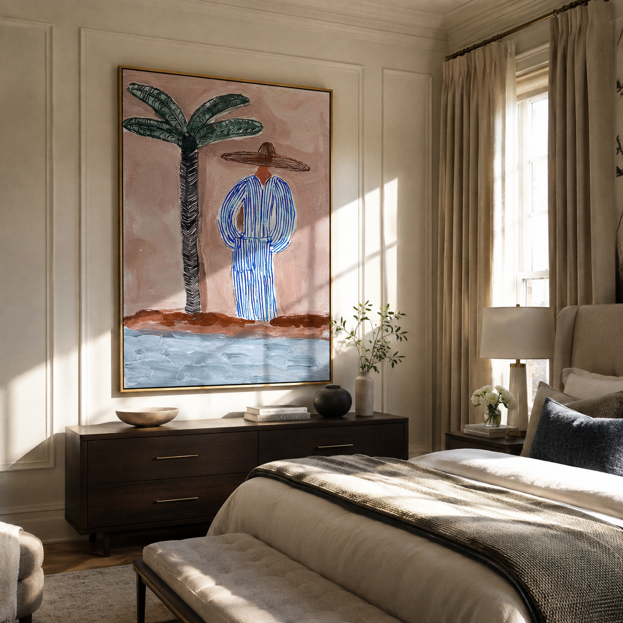 Blue Stripes Meet Shore displayed in a warm contemporary interior