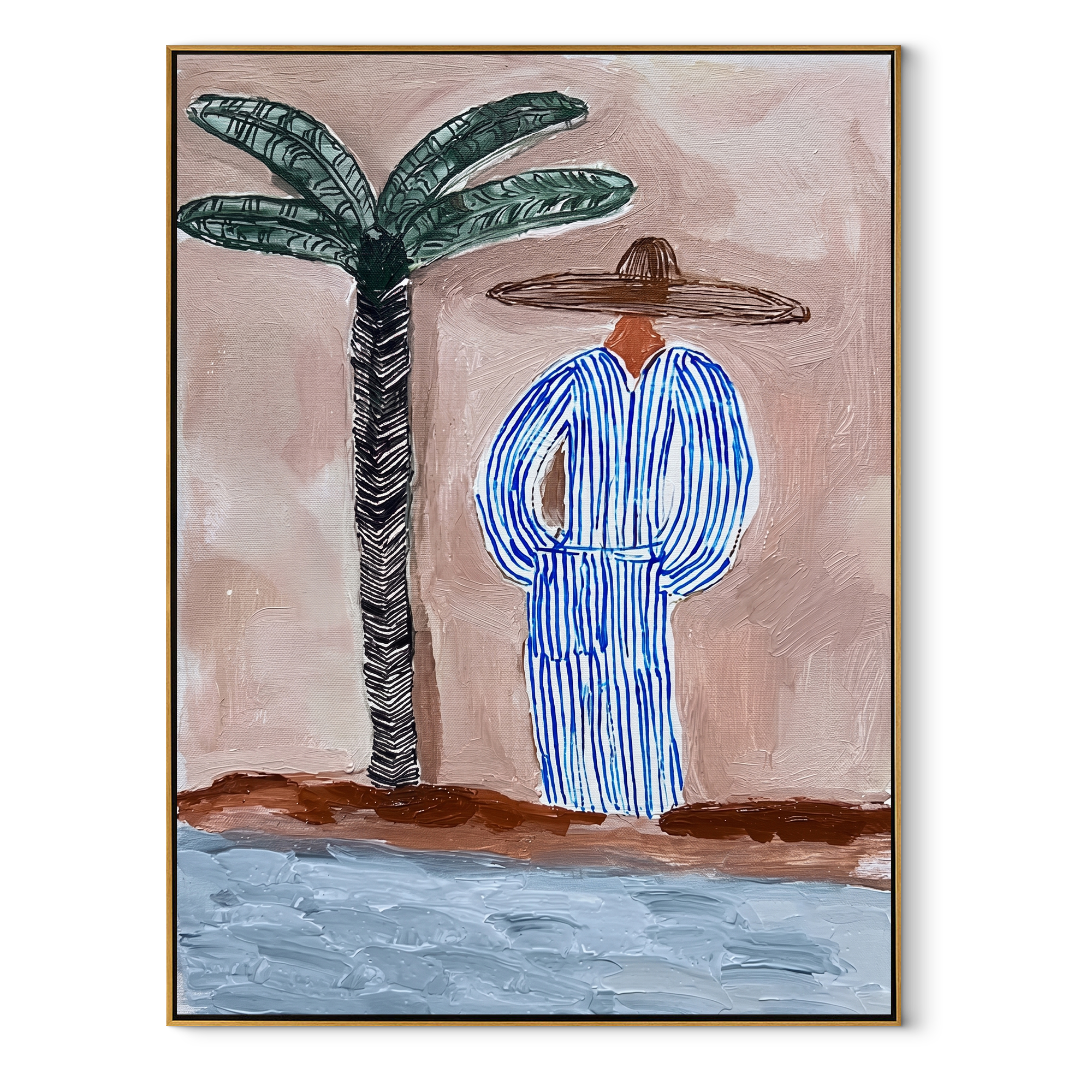 Blue Stripes Meet Shore coastal figurative textured painting, vertical canvas artwork