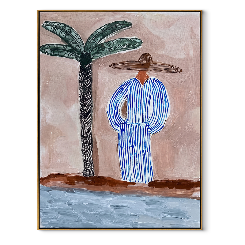 Blue Stripes Meet Shore – Palm and Striped Beach Figure Painting | Modern Coastal Vertical Wall Art