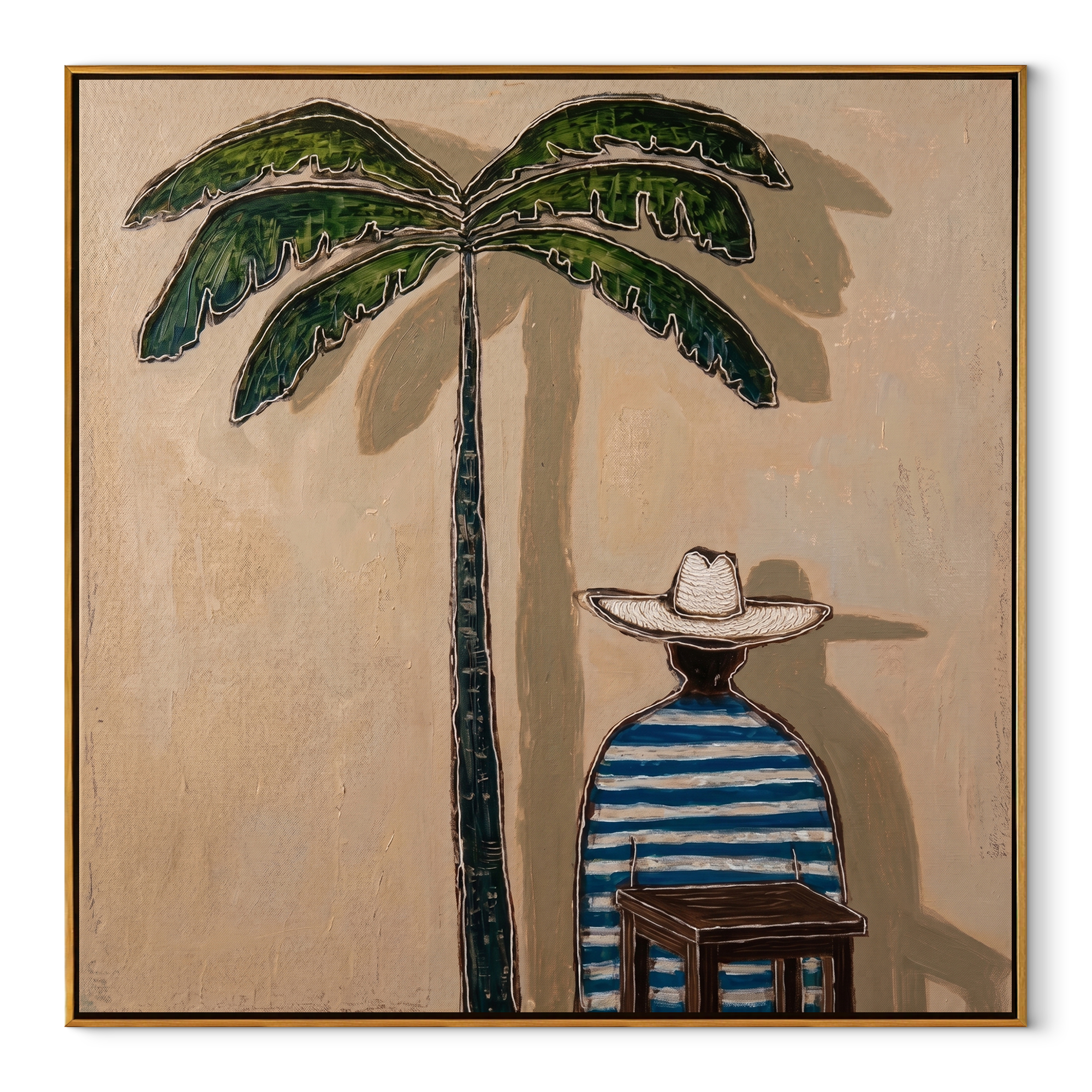 Palm Shade at Noon coastal figurative textured painting, square canvas artwork