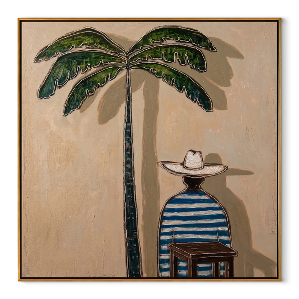 Palm Shade at Noon – Seated Striped Beach Figure Painting | Modern Coastal Square Wall Art