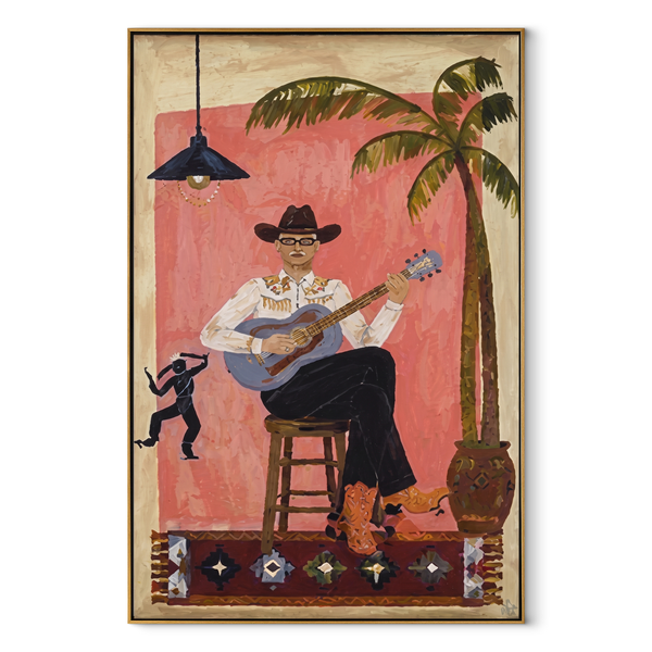 Island Songs Warm Evening – Tropical Guitar Player Painting | Modern Coastal Vertical Wall Art