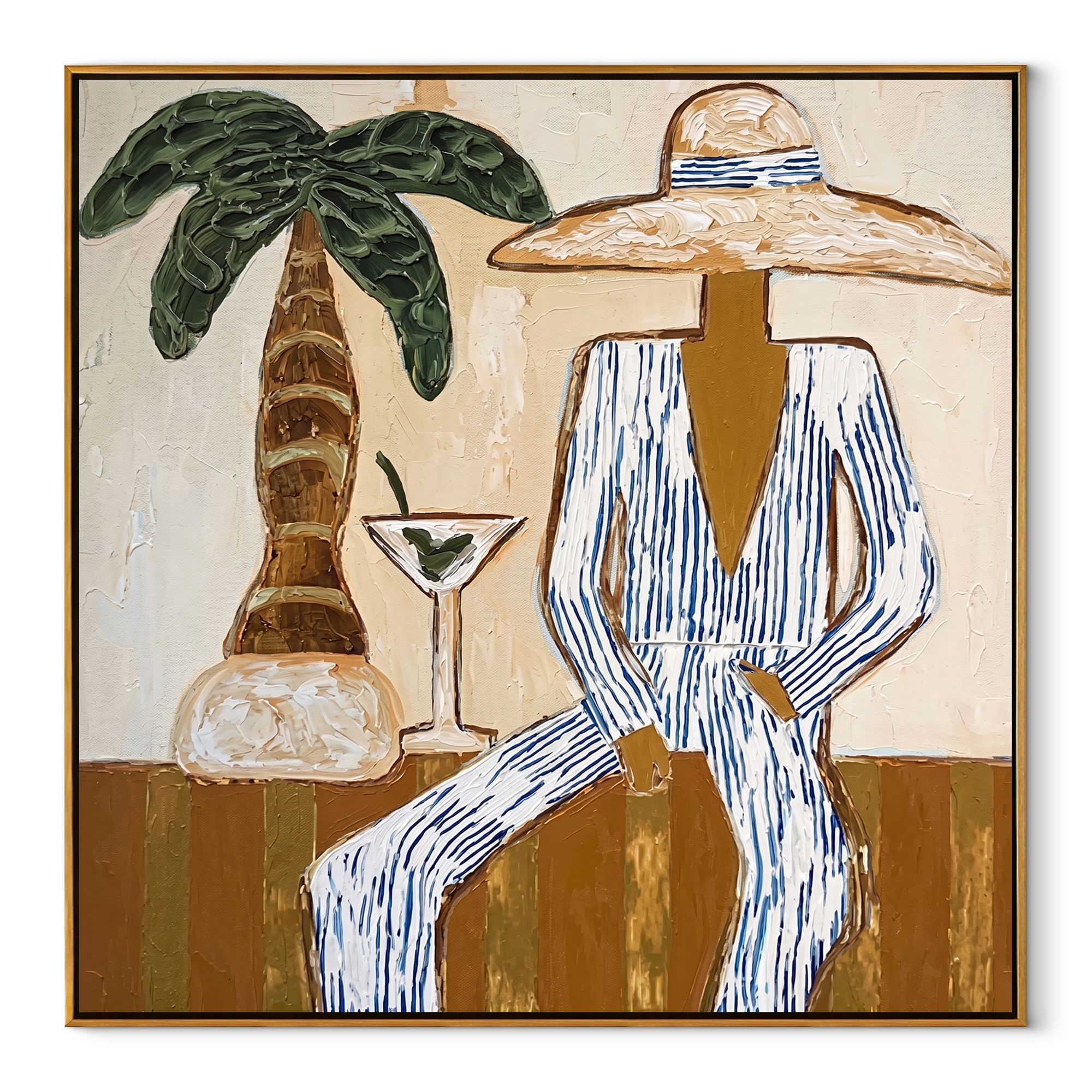 Martini Shade Holds Gaze coastal figurative textured painting, square canvas artwork