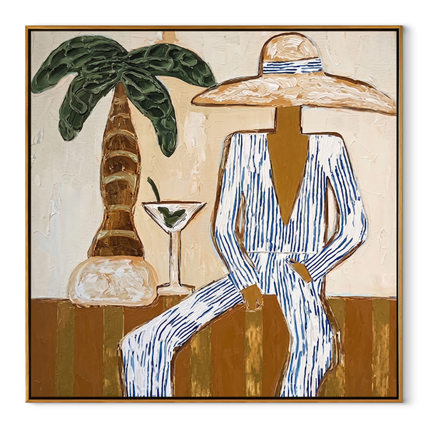 Martini Shade Holds Gaze – Striped Resort Woman with Palm Painting | Modern Coastal Square Wall Art