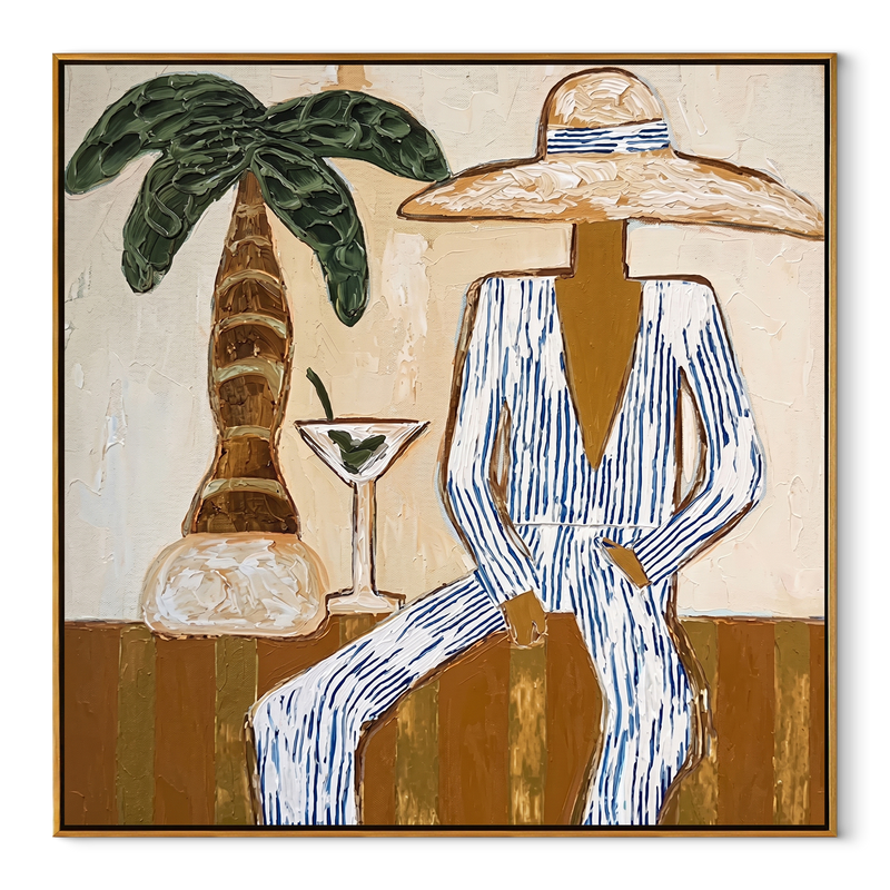 Martini Shade Holds Gaze – Striped Resort Woman with Palm Painting | Modern Coastal Square Wall Art