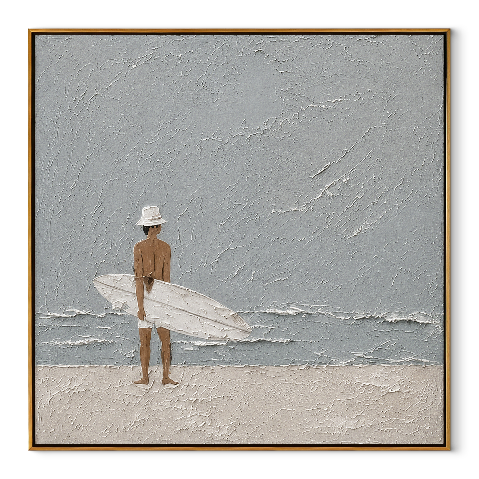 Quiet Surf Finds Sky coastal figurative textured painting, square canvas artwork