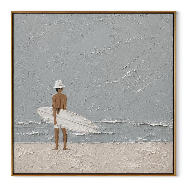 Quiet Surf Finds Sky – Minimal Surfer on Pale Beach Painting | Modern Coastal Square Wall Art