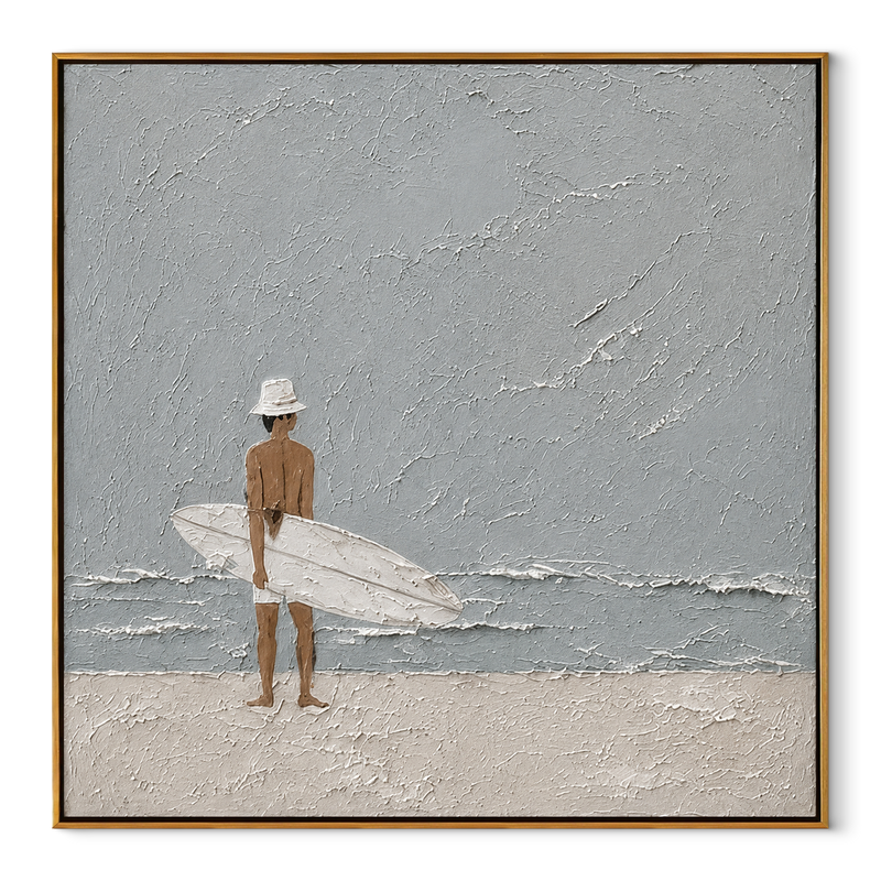 Quiet Surf Finds Sky – Minimal Surfer on Pale Beach Painting | Modern Coastal Square Wall Art