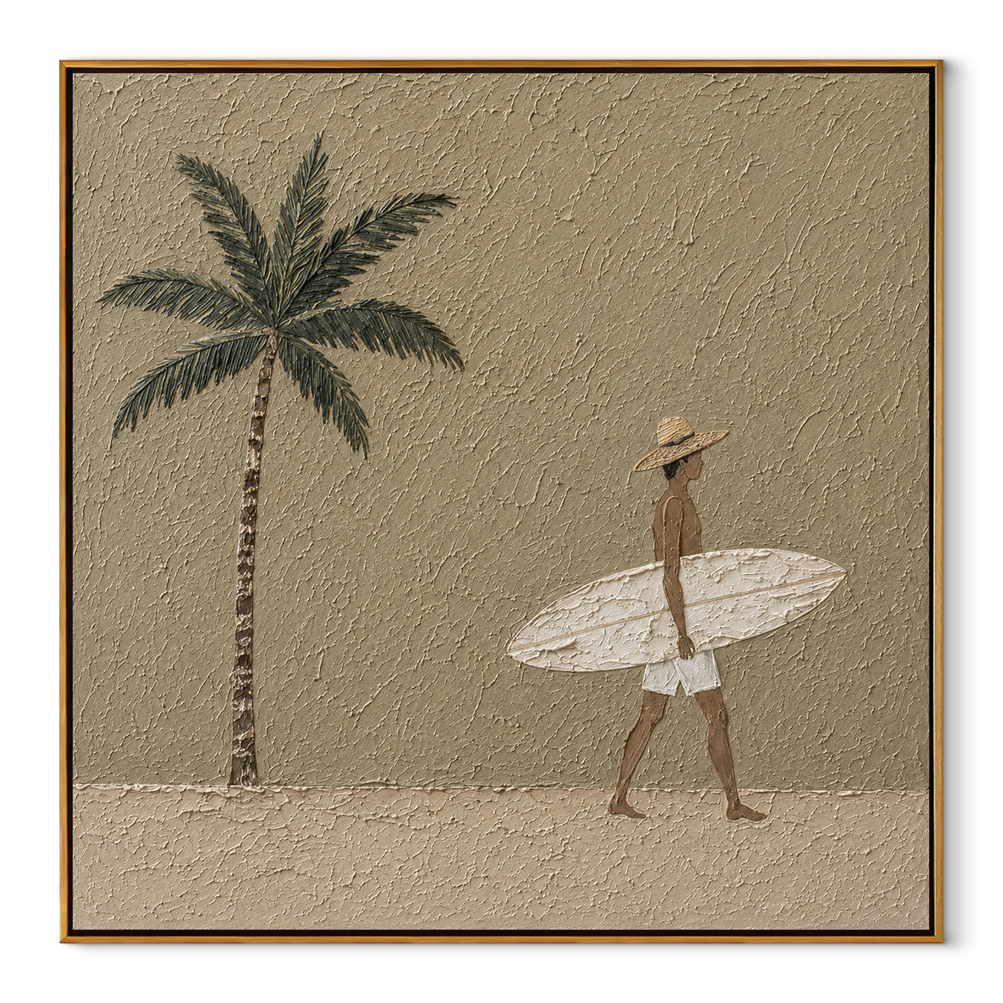 Palm Shadows Follow Surfer coastal figurative textured painting, square canvas artwork