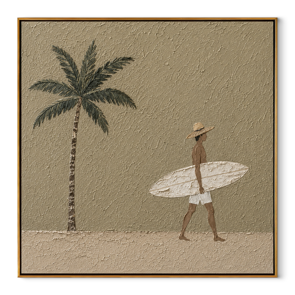 Palm Shadows Follow Surfer – Walking Surfer under Palm Painting | Modern Coastal Square Wall Art
