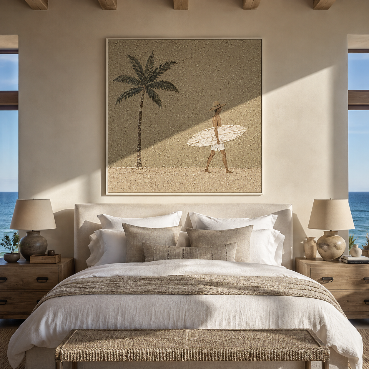 Palm Shadows Follow Surfer styled with neutral modern furnishings