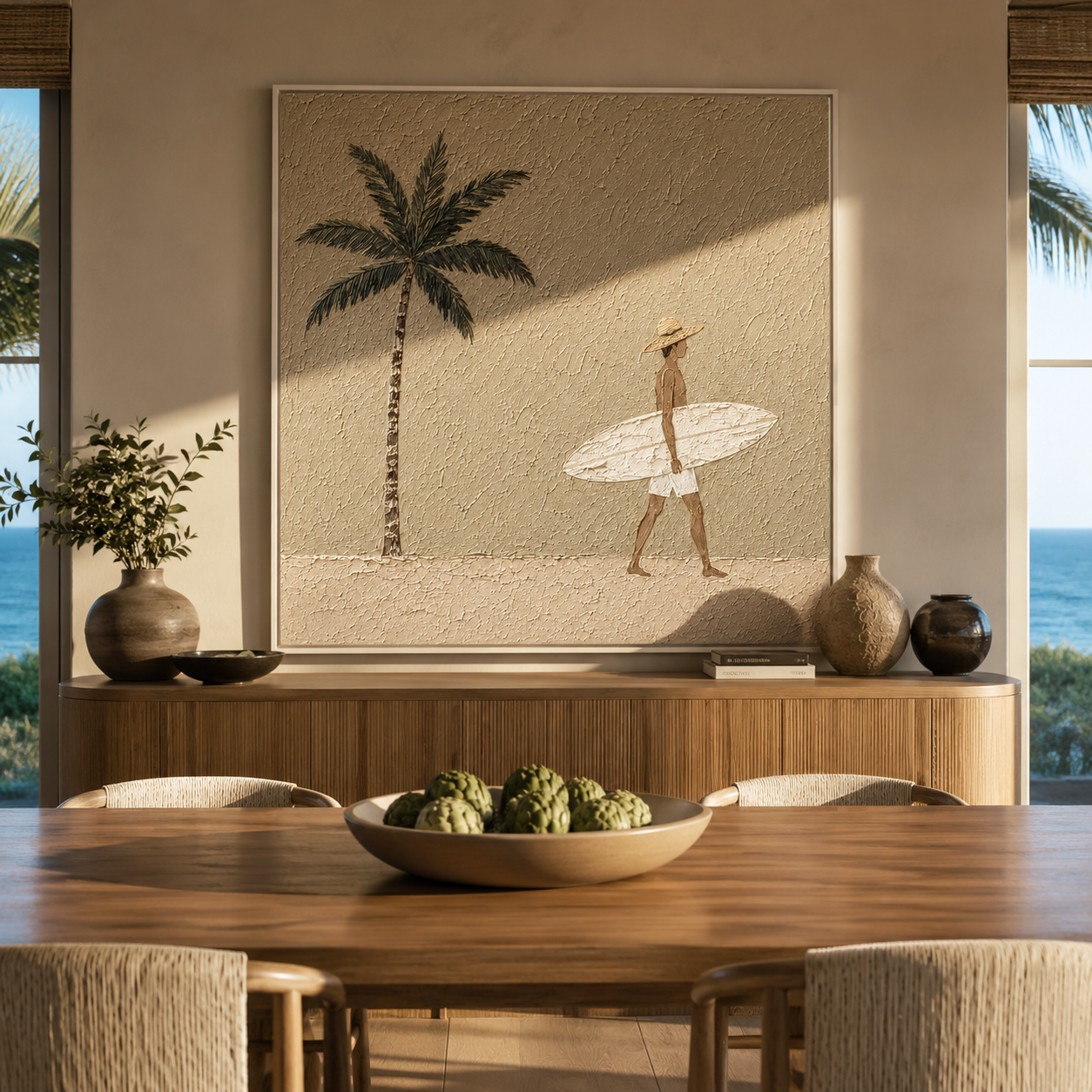 Palm Shadows Follow Surfer presented above a contemporary console