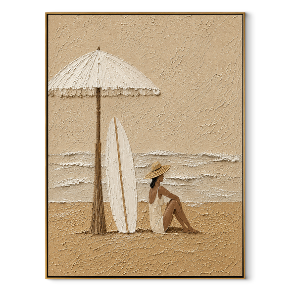 White Umbrella Guards Tide – Seated Beach Woman and Surfboards Painting | Modern Coastal Vertical Wall Art