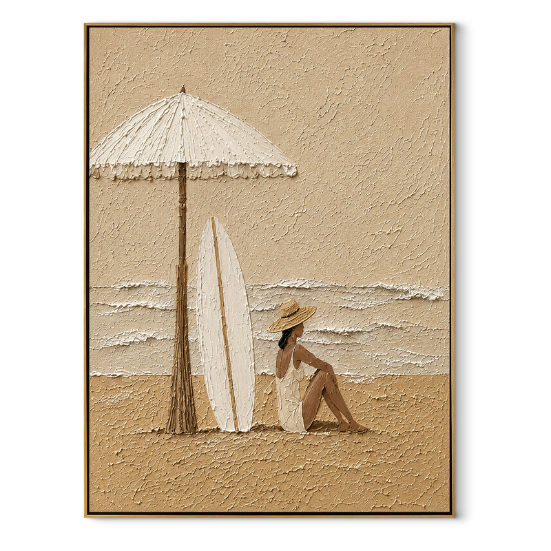 White Umbrella Guards Tide – Seated Beach Woman and Surfboards Painting | Modern Coastal Vertical Wall Art