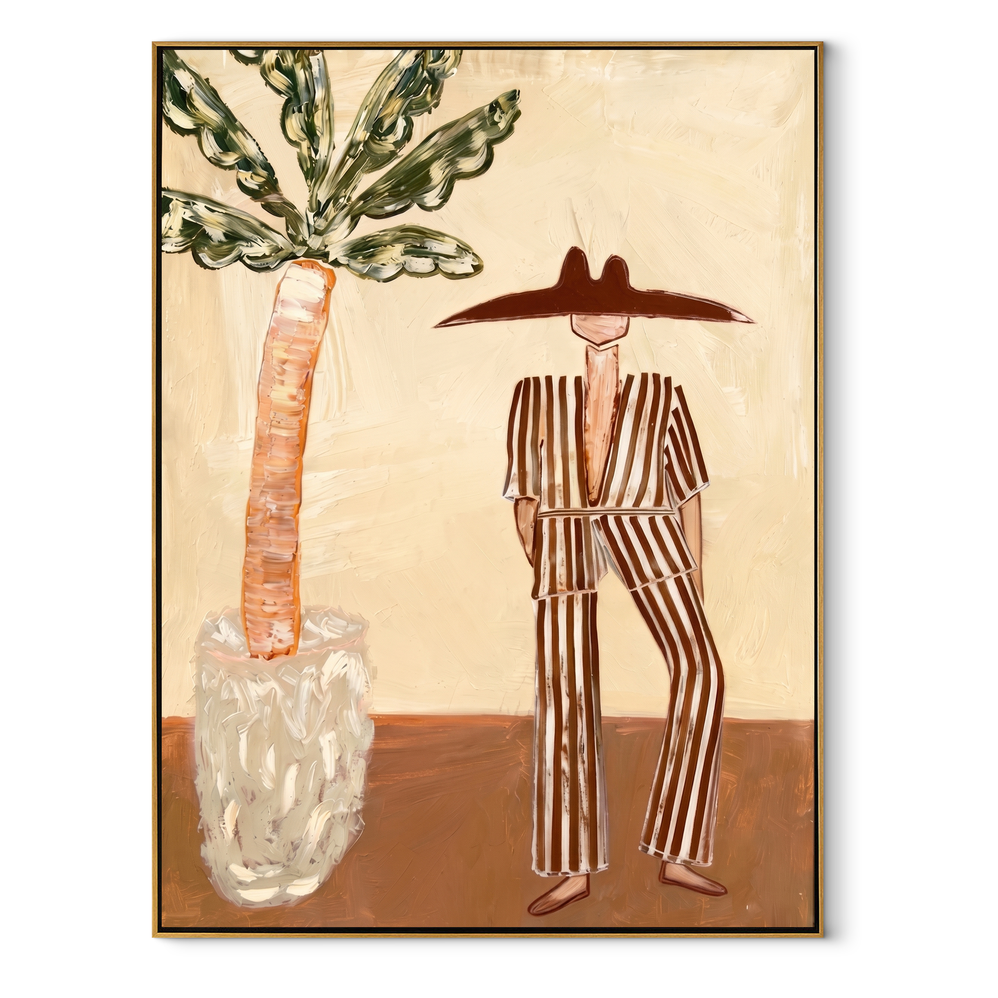 Striped Heat Meets Palm coastal figurative textured painting, vertical canvas artwork
