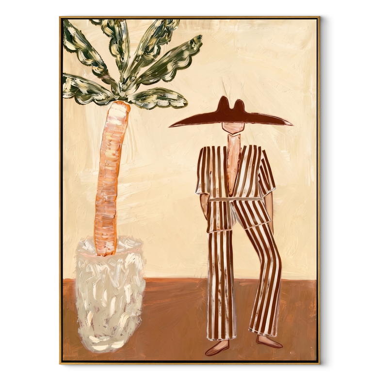 Striped Heat Meets Palm – Resort Figure with Broad Hat Painting | Modern Coastal Vertical Wall Art