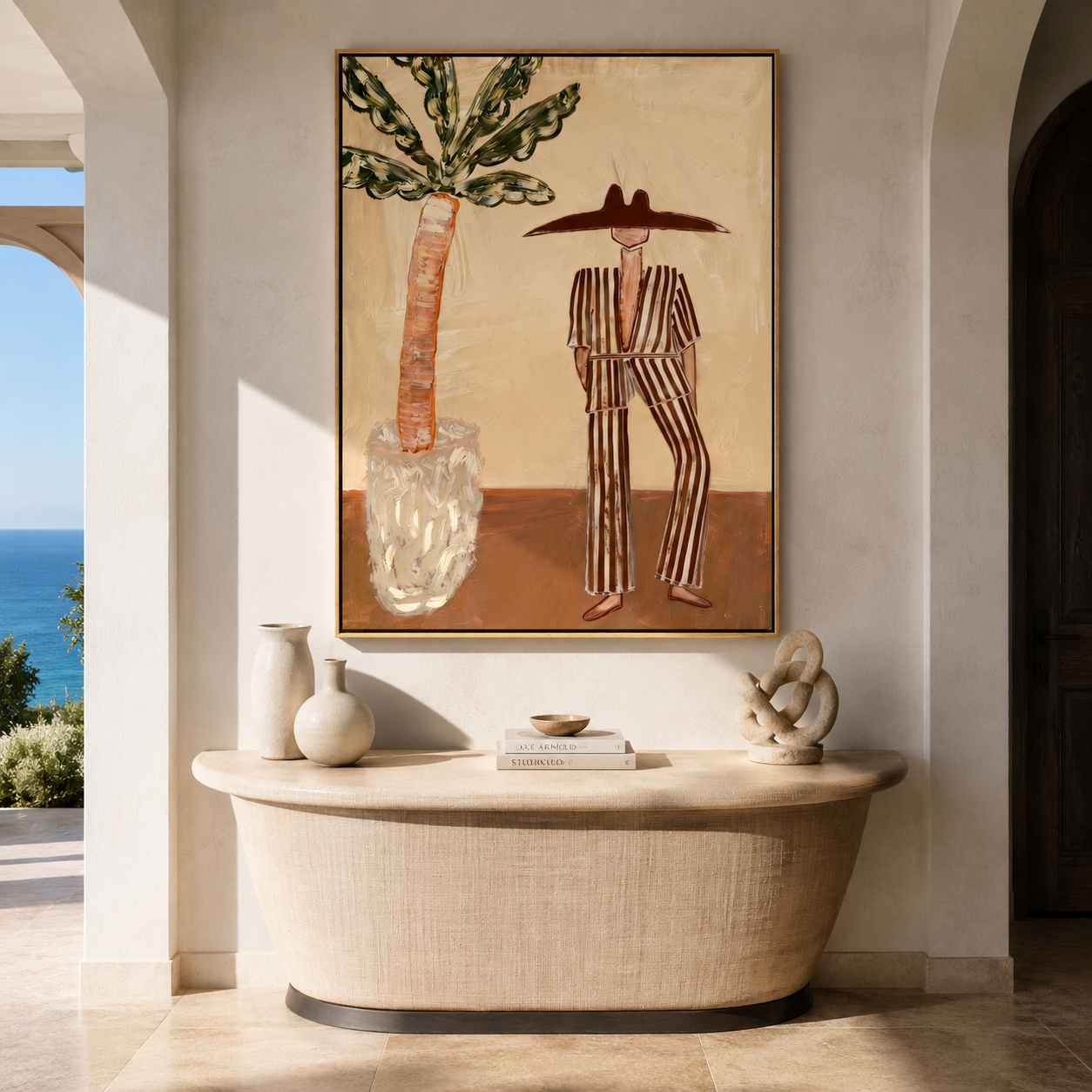 Striped Heat Meets Palm presented above a contemporary console