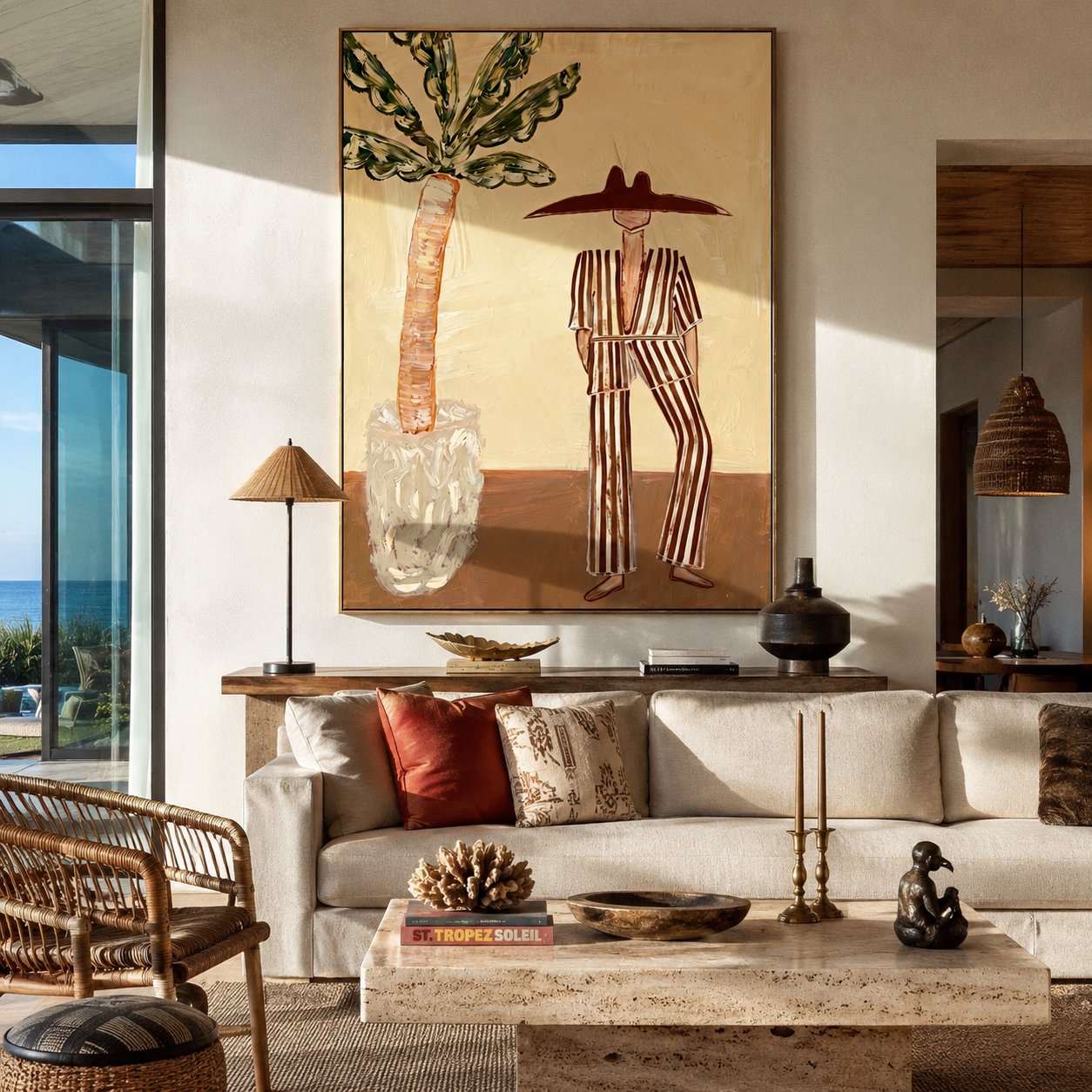 Striped Heat Meets Palm styled in a layered residential interior