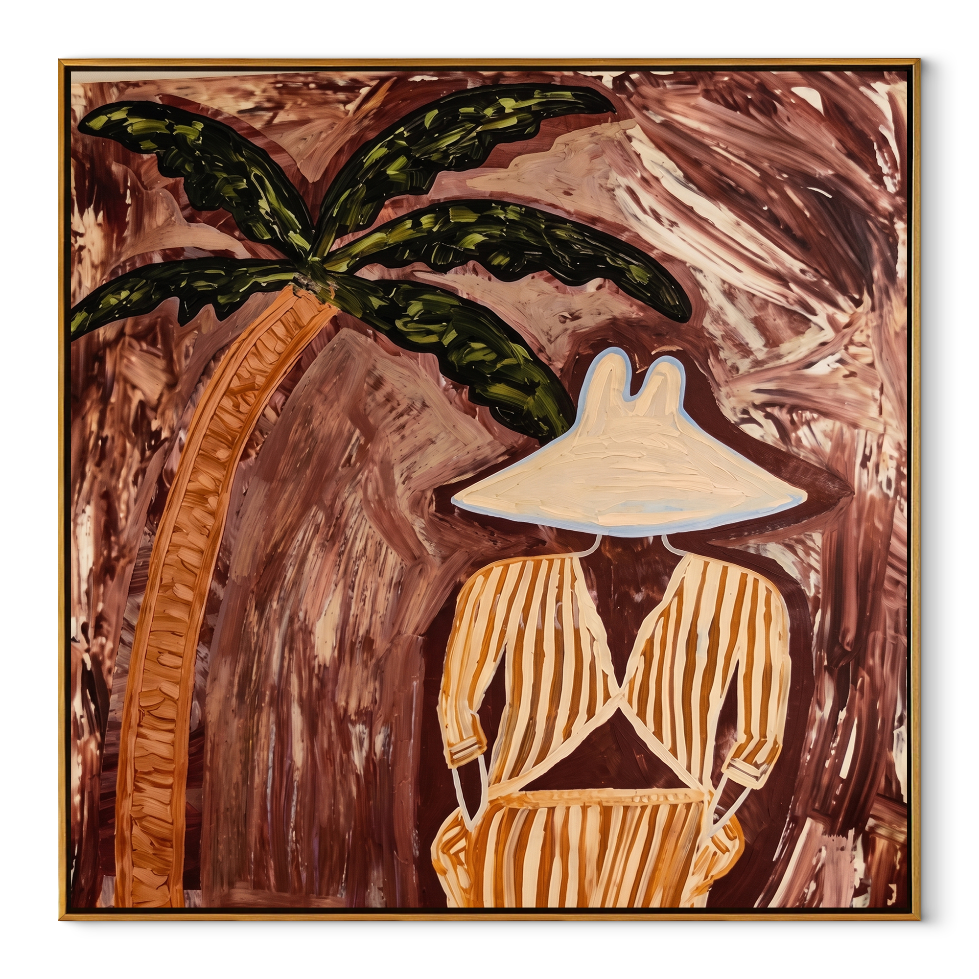 Cocoa Palms Shelter Stillness coastal figurative textured painting, square canvas artwork