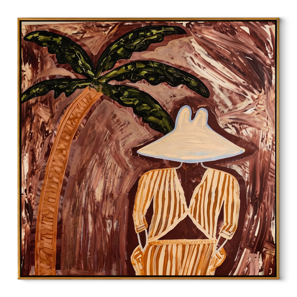 Cocoa Palms Shelter Stillness – Striped Woman under Palm Painting | Modern Coastal Square Wall Art