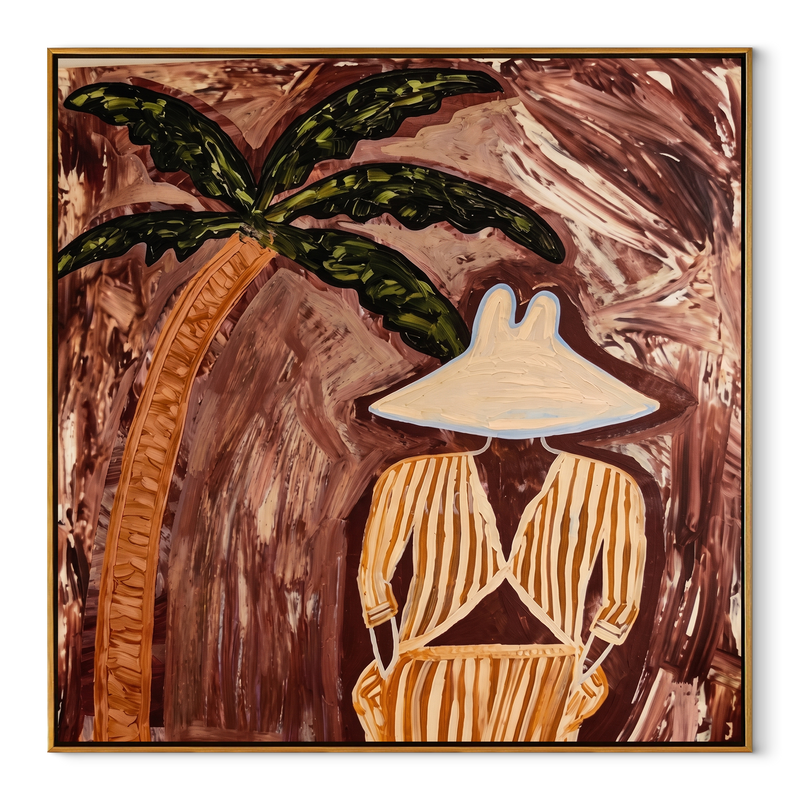 Cocoa Palms Shelter Stillness – Striped Woman under Palm Painting | Modern Coastal Square Wall Art