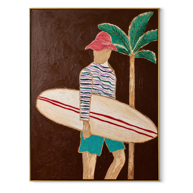 Coral Stripes Carry Board – Surfer beside a Night Palm Painting | Modern Coastal Vertical Wall Art