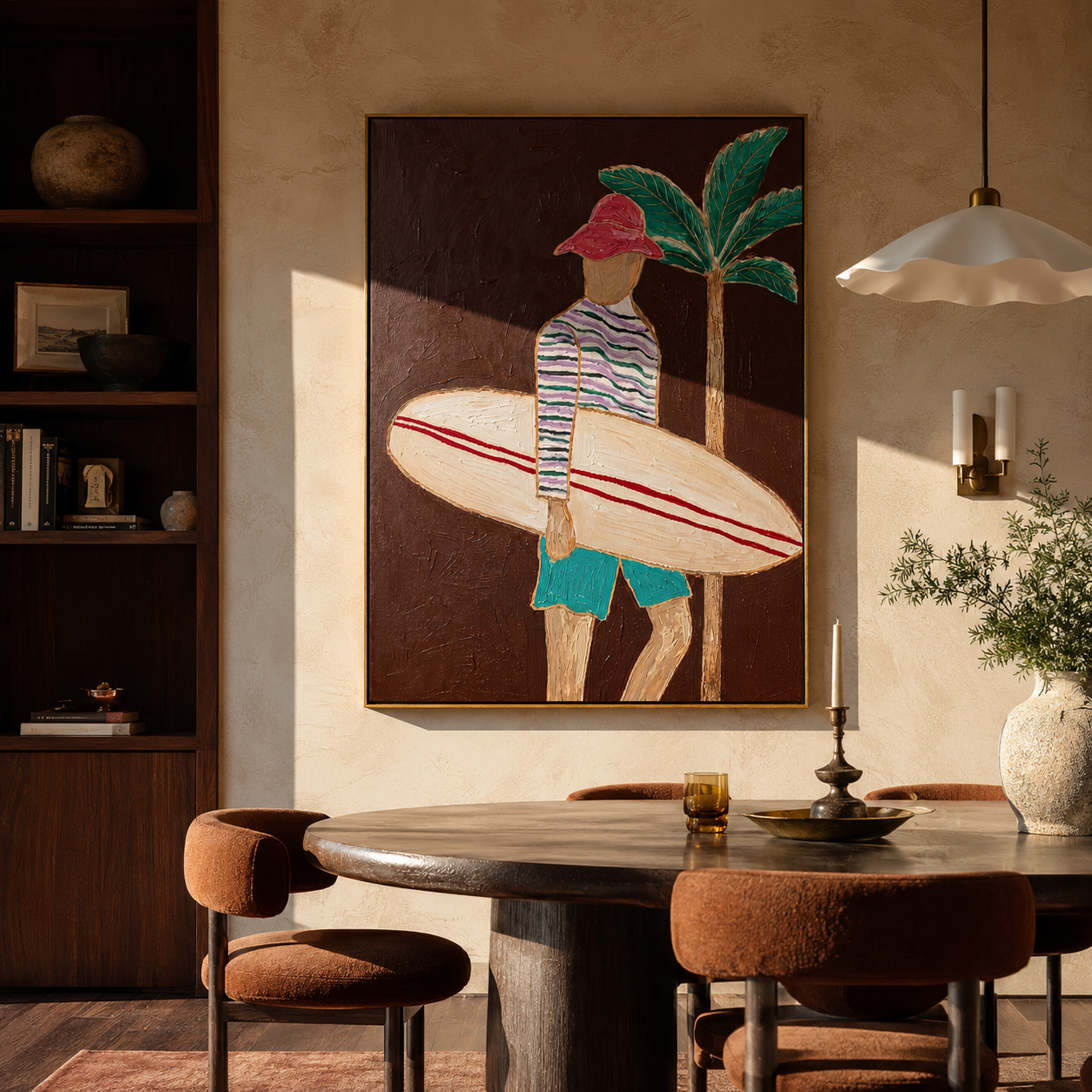 Coral Stripes Carry Board styled with neutral modern furnishings