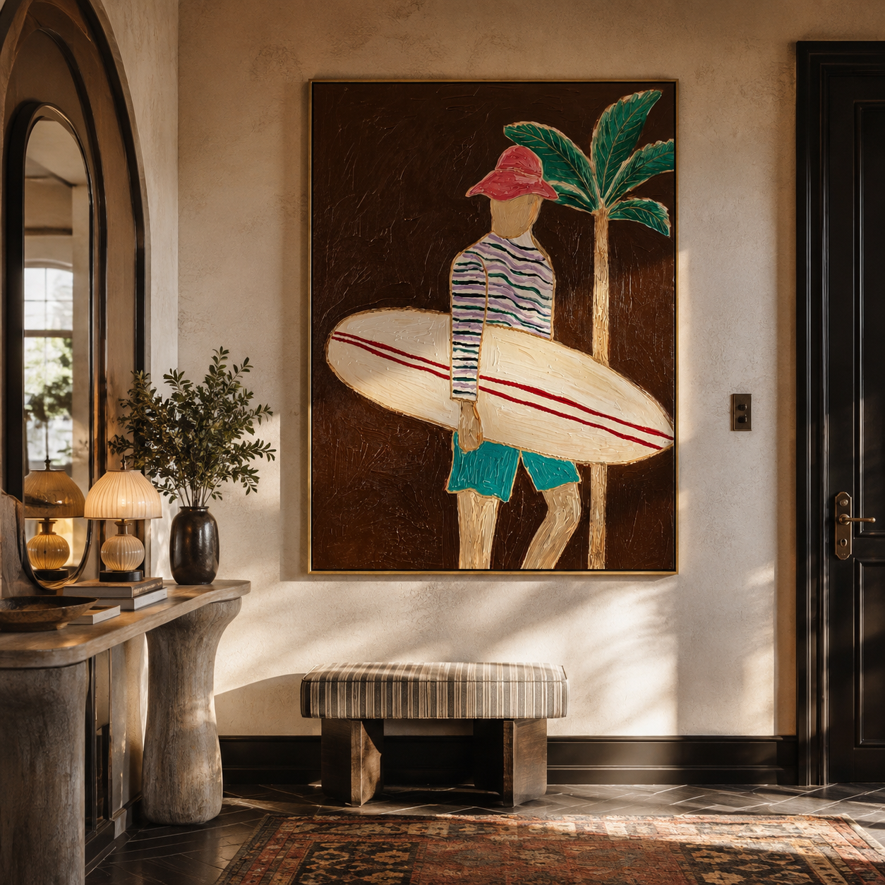Coral Stripes Carry Board presented above a contemporary console