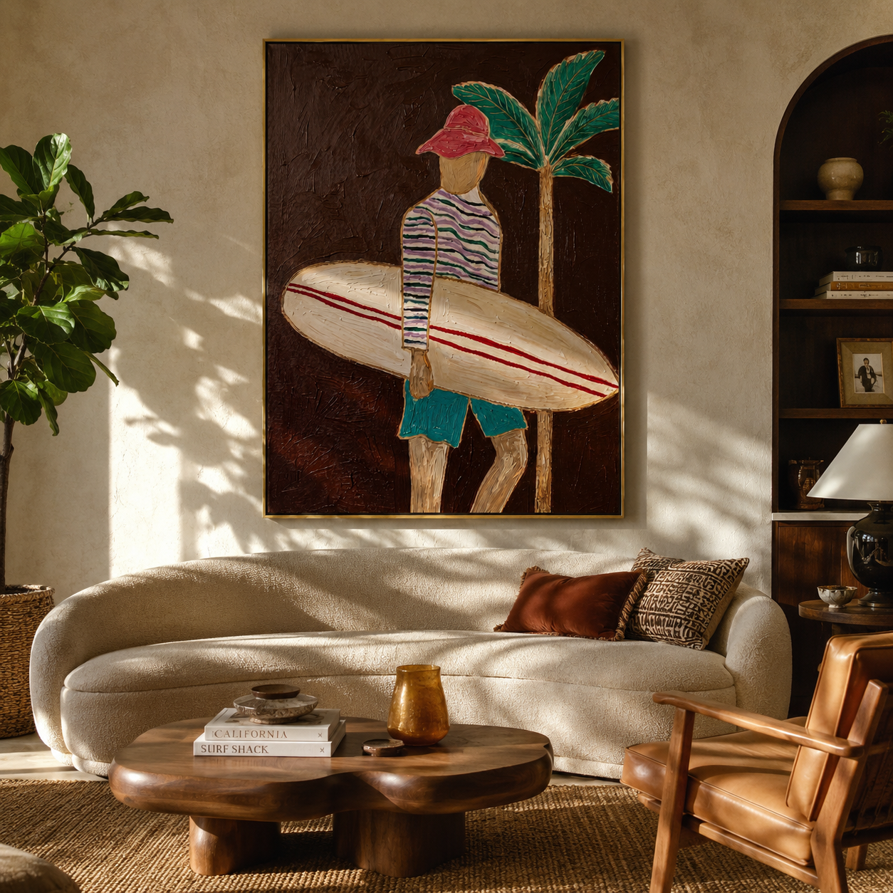 Coral Stripes Carry Board styled in a layered residential interior