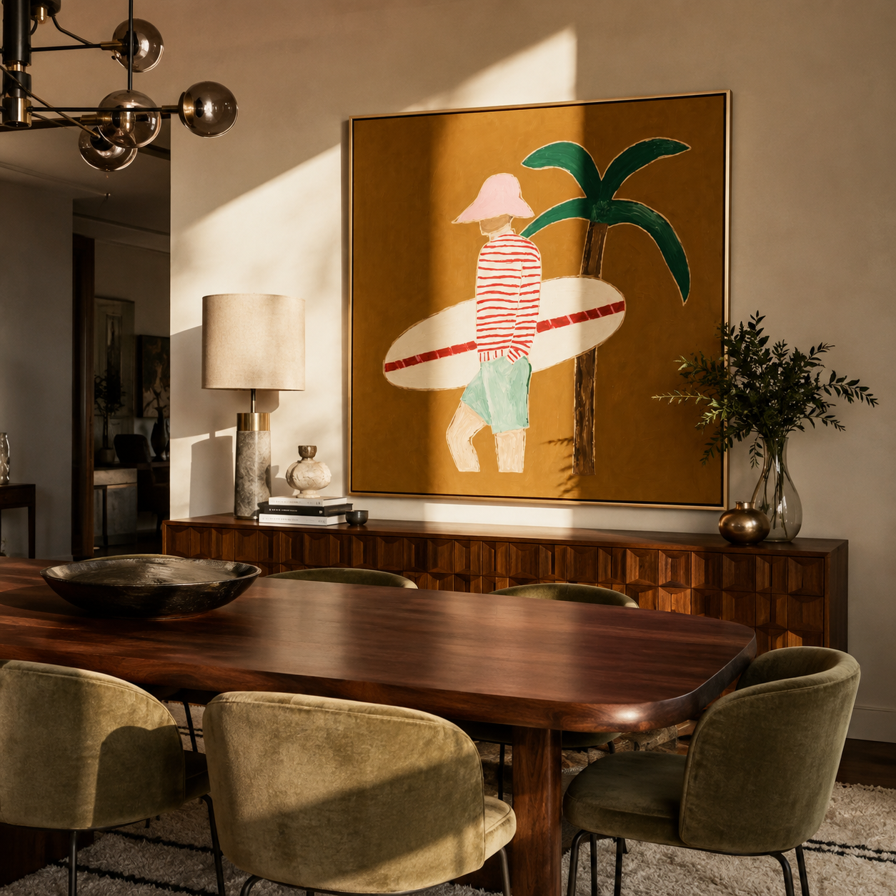 Red Stripes beneath Palm displayed in a warm contemporary interior