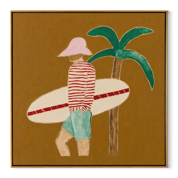 Red Stripes beneath Palm – Golden Beach Surfer Painting | Modern Coastal Square Wall Art