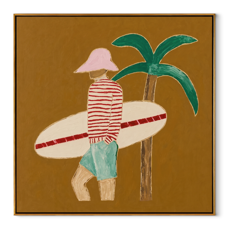 Red Stripes beneath Palm – Golden Beach Surfer Painting | Modern Coastal Square Wall Art