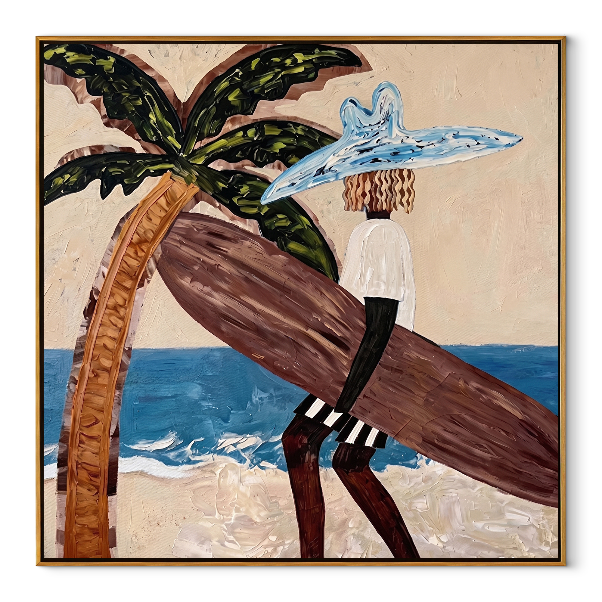 Blue Brim Leans Tideward coastal figurative textured painting, square canvas artwork