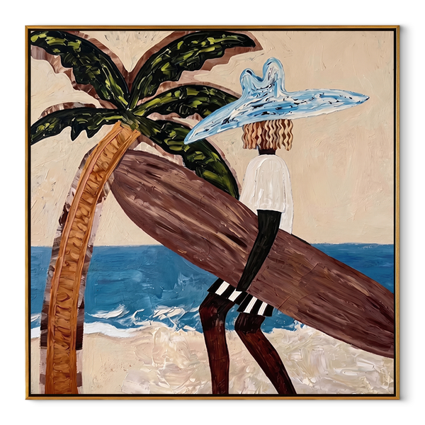 Blue Brim Leans Tideward – Beach Woman beside Curved Palm Painting | Modern Coastal Square Wall Art