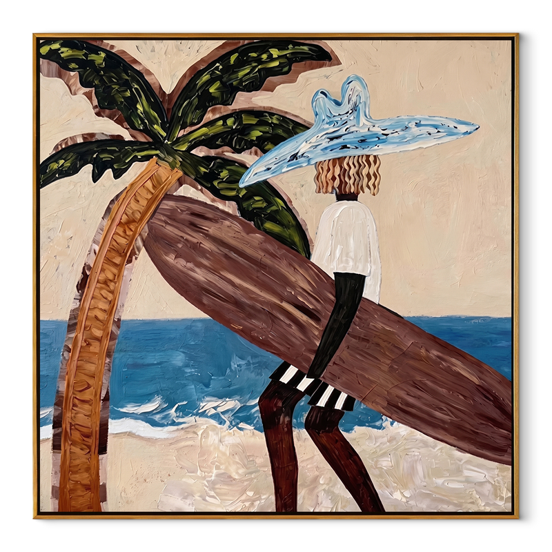Blue Brim Leans Tideward – Beach Woman beside Curved Palm Painting | Modern Coastal Square Wall Art