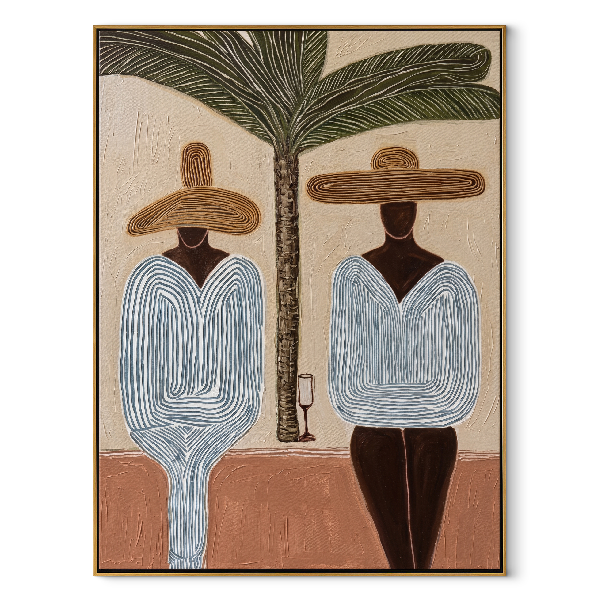 Two Silhouettes Share Shade coastal figurative textured painting, vertical canvas artwork