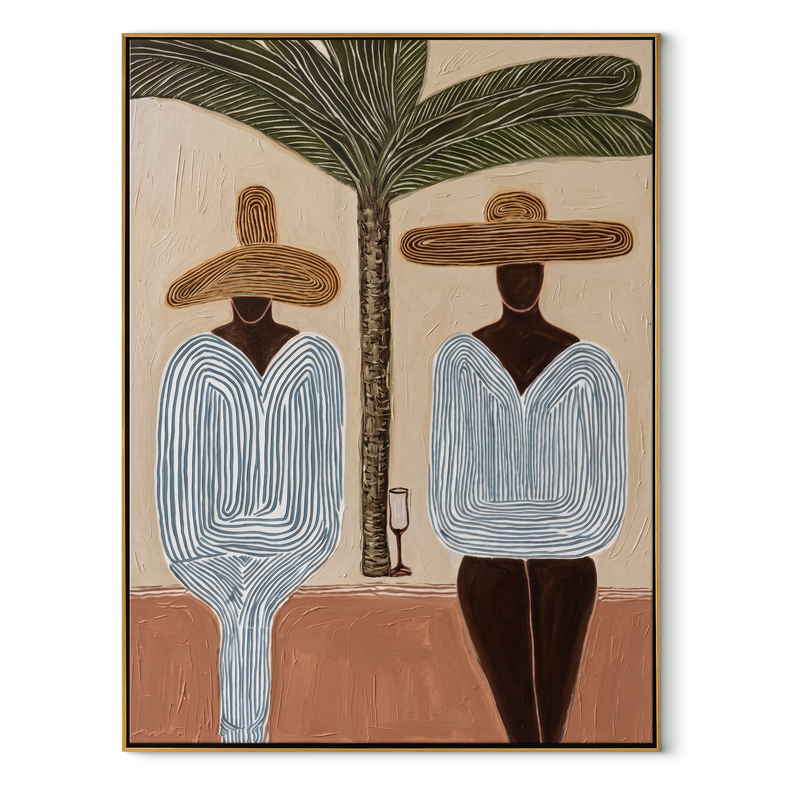 Two Silhouettes Share Shade – Striped Resort Friends under Palm Painting | Modern Coastal Vertical Wall Art