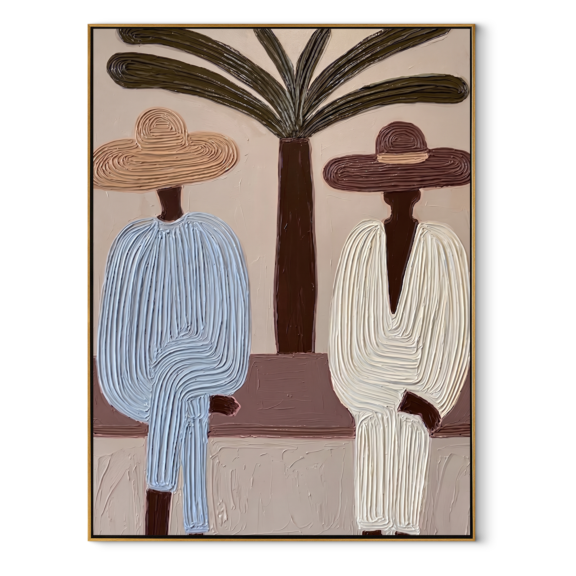 Palm Trunk Divides Pair coastal figurative textured painting, vertical canvas artwork